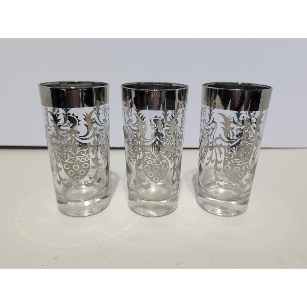3 Vintage Mid Century Kimiko Silver Knight Shield  Tumbler Glass Renaissance